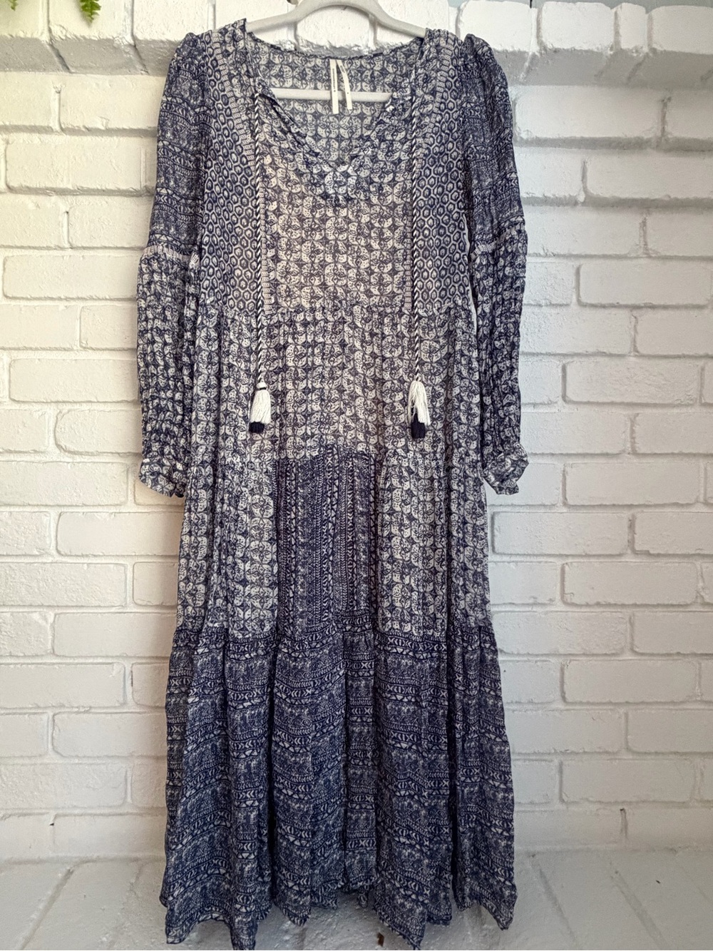 Anthropologie Navy and White Printed Tiered Maxi Dress